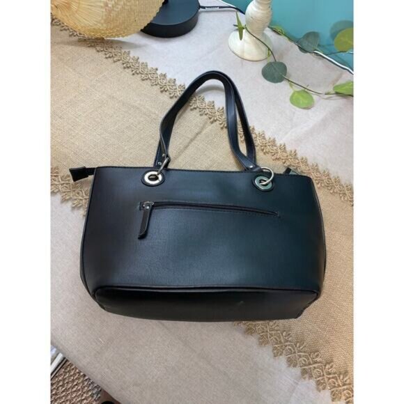 Nicole Miller New York Black W/ Silver Logo Zipper Pockets Top Handles Handbag - Picture 10 of 12